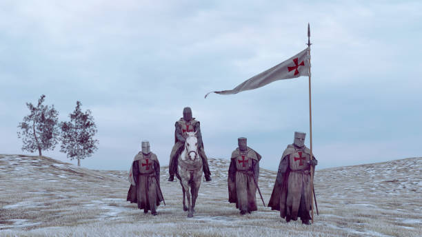 Soldiers from medieval times walks next to each other. They wear armor and helmets. One of them rides a horse.